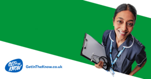 Image of a GP practice nurse holding a clip board. Image also contains the Get in the Know logo and www.getintheknow.co.uk